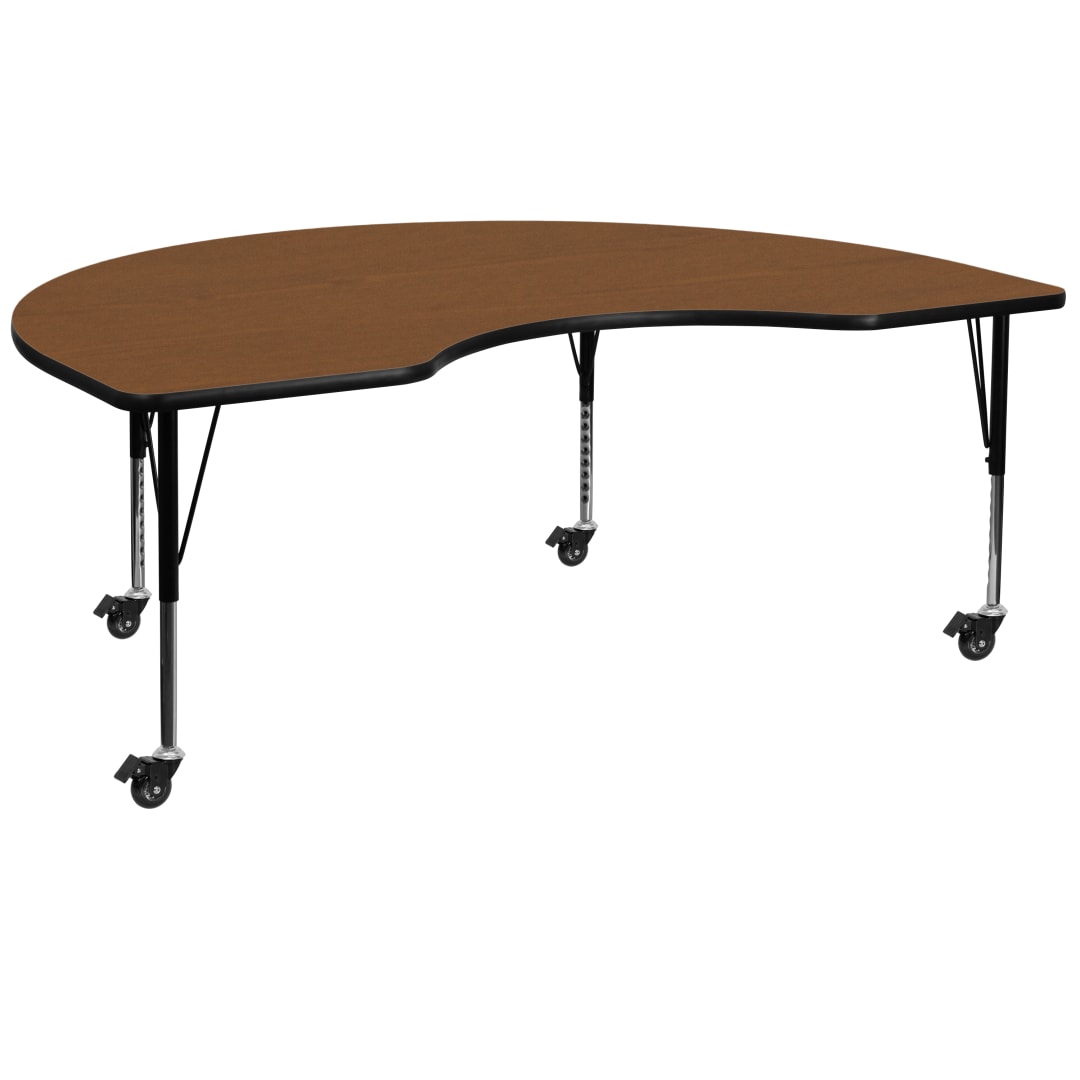 Wren Mobile 48''W x 72''L Kidney Oak HP Laminate Activity Table - Height Adjustable Short Legs