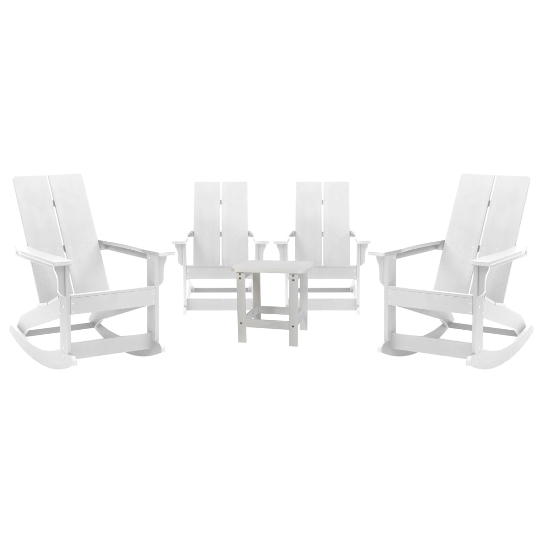 Set of 4 White Finn Modern Commercial Grade All-Weather 2-Slat Poly Resin Rocking Adirondack Chairs with Matching Side Table