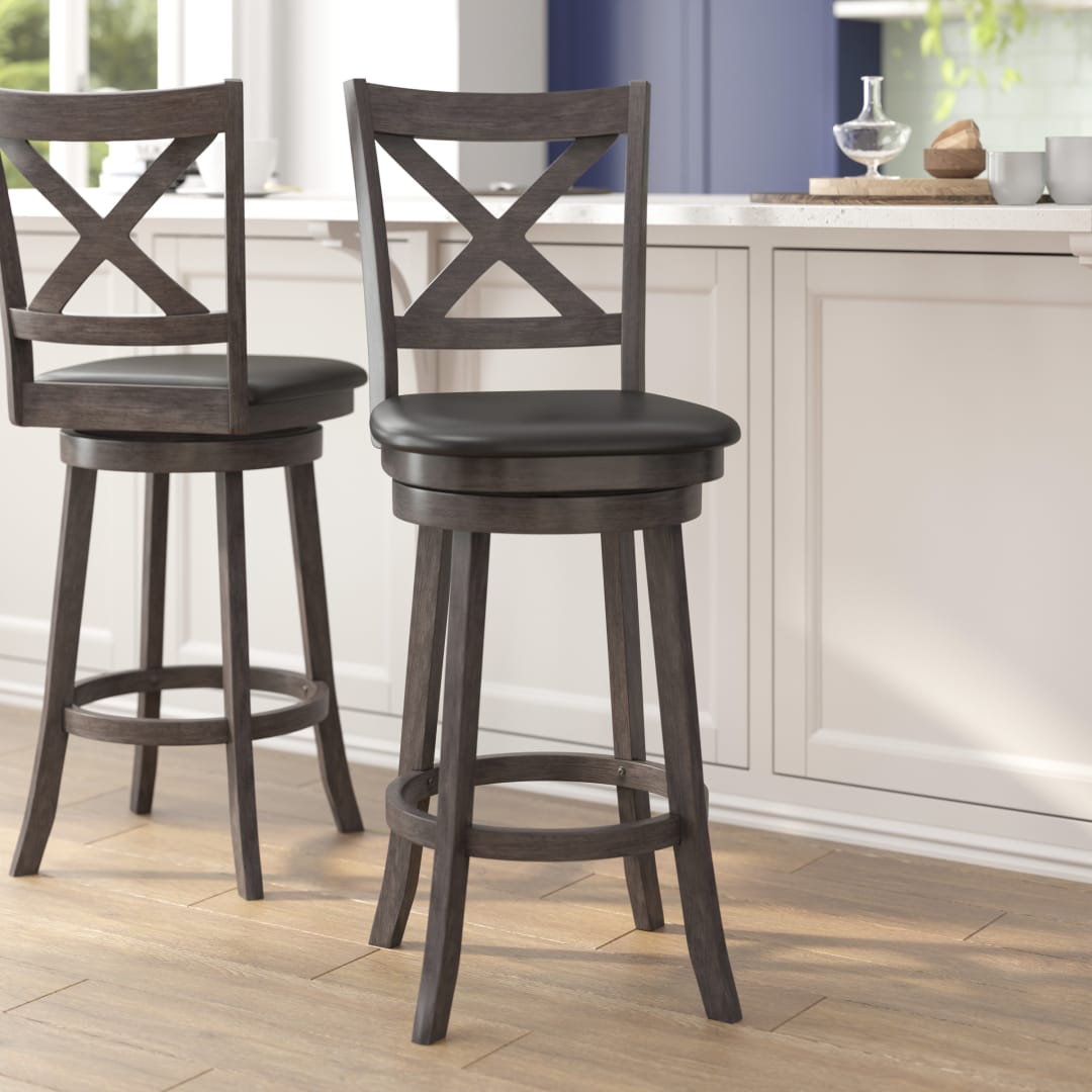 Felicity Commercial Grade Wood Classic Crossback Swivel Bar Height Barstool with Padded Black LeatherSoft Seat, Gray Wash Walnut