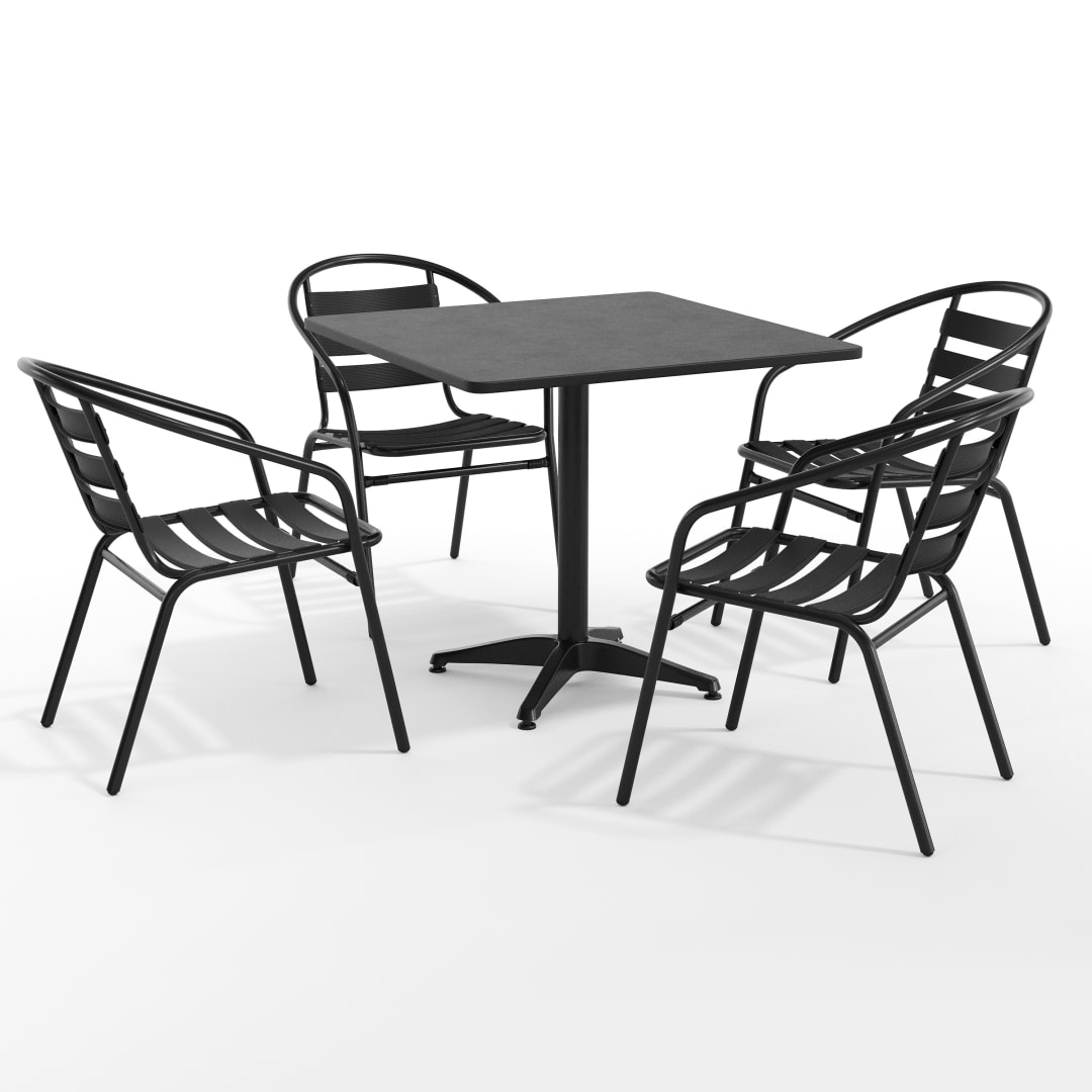 Lila 31.5'' Black Square Aluminum Indoor-Outdoor Table Set with 4 Black Slat Back Chairs