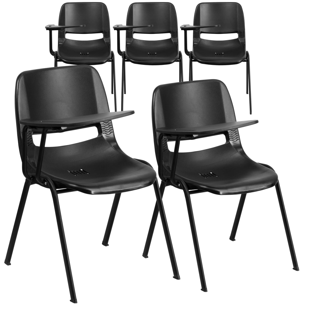 HERCULES 5 Pack Black Ergonomic Shell Chair with Right Handed Flip-Up Tablet Arm