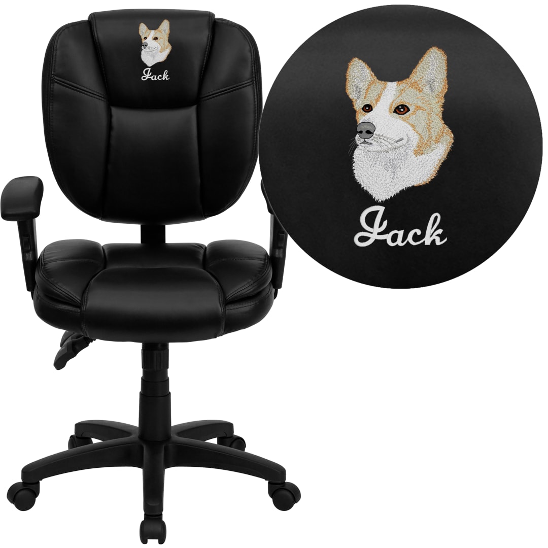 Caroline Embroidered Mid-Back Black LeatherSoft Multifunction Pillow Cushioned Ergonomic Task Office Chair with Arms
