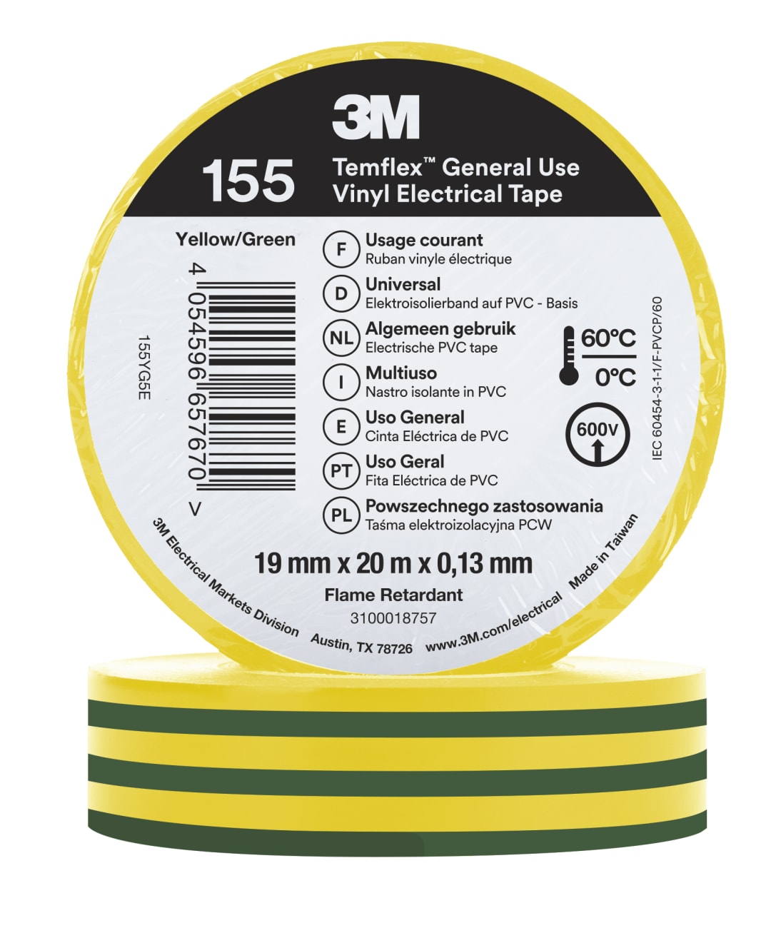 3M™ Temflex™ Vinyl Electrical Tape 155, Green/Yellow, 19 mm x 20 m, 100 Rolls/Case