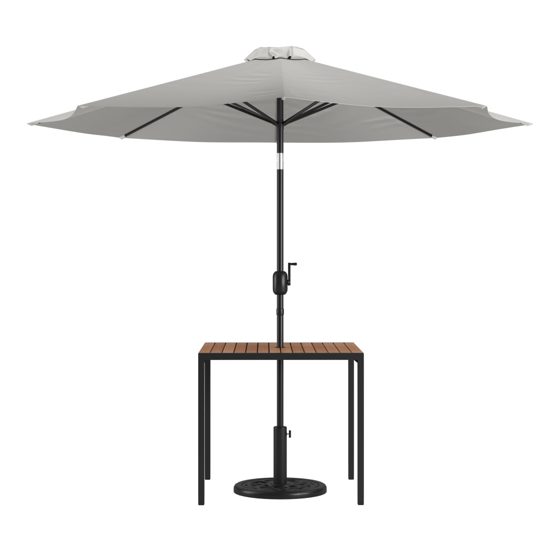 Lark 3 Piece Outdoor Patio Table Set - 35" Square Synthetic Teak Patio Table with Gray Umbrella and Base