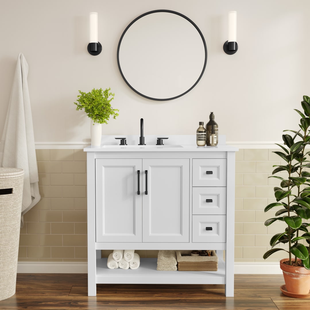 Vega 36" Bathroom Vanity with Sink, Cabinet with Black Hardware, Soft Close Doors, Open Shelf &amp; 3 Drawers, Carrara Marble Finish Counter, White/White