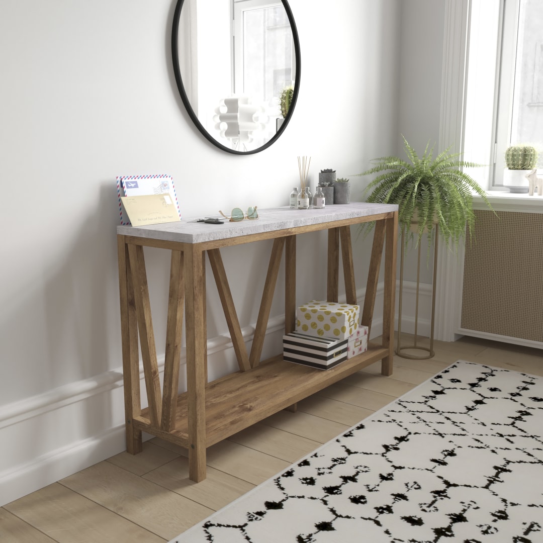 Charlotte Farmhouse 2-Tier Console Accent Table -Warm Oak Finish Engineered Wood Frame - Concrete Finish Tabletop - For Entryway or Living Room
