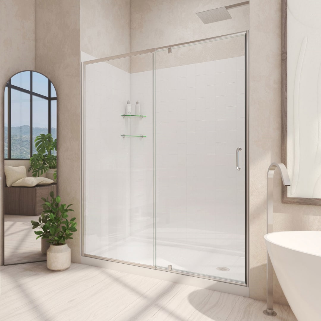 DreamLine Flex 36 inch D x 60 inch W x 78 3/4 inch H Semi-Frameless Pivot Shower Door in Brushed Nickel, Right Drain Shower Base, and Wall Kit in White