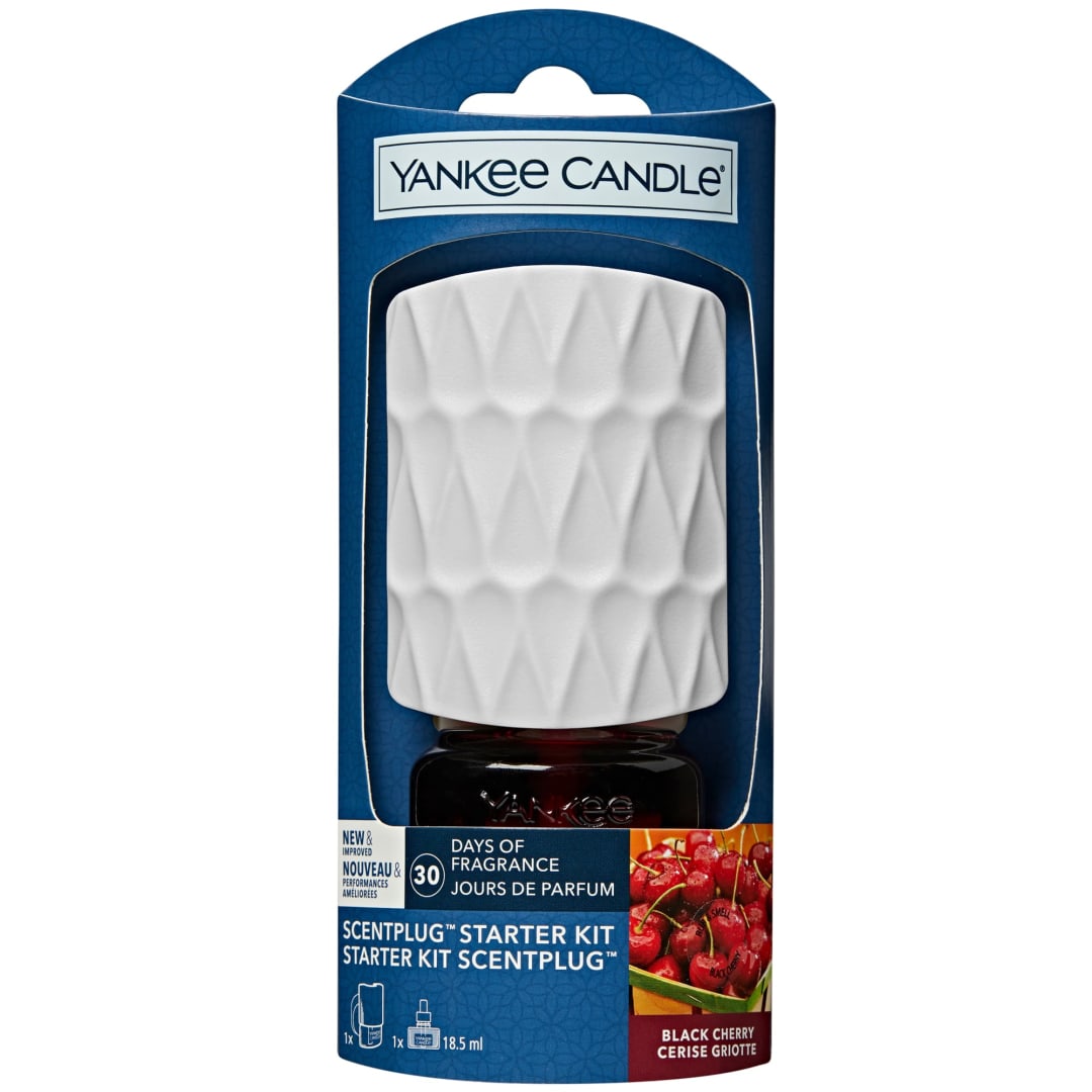 Yankee Candle® ScentPlug Starter Kit | Black Cherry Plug In Air Freshener | Up to 30 Days of Fragrance | White Organic Pattern | EU 2 pin plug