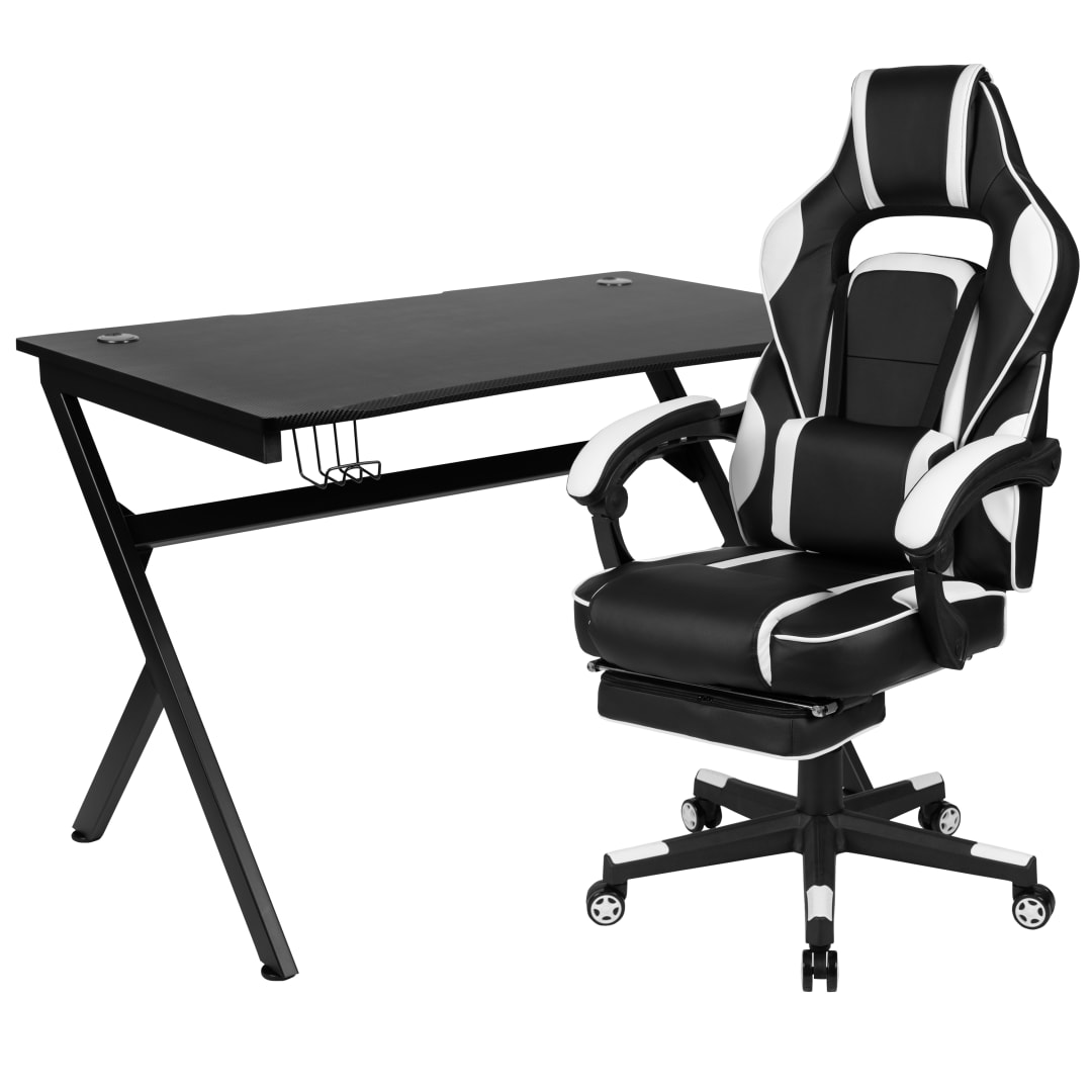 Optis Black Gaming Desk with Cup Holder/Headphone Hook/2 Wire Management Holes &amp; White Reclining Back/Arms Gaming Chair with Footrest