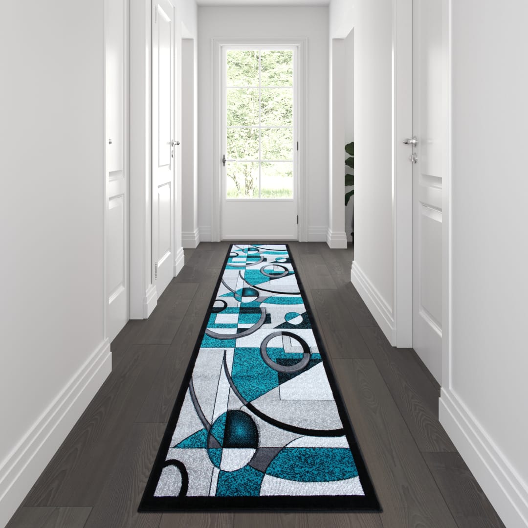 Elias Collection 3' x 10' Turquoise Geometric Abstract Area Rug - Olefin Rug with Jute Backing - Hallway, Entryway, or Bedroom