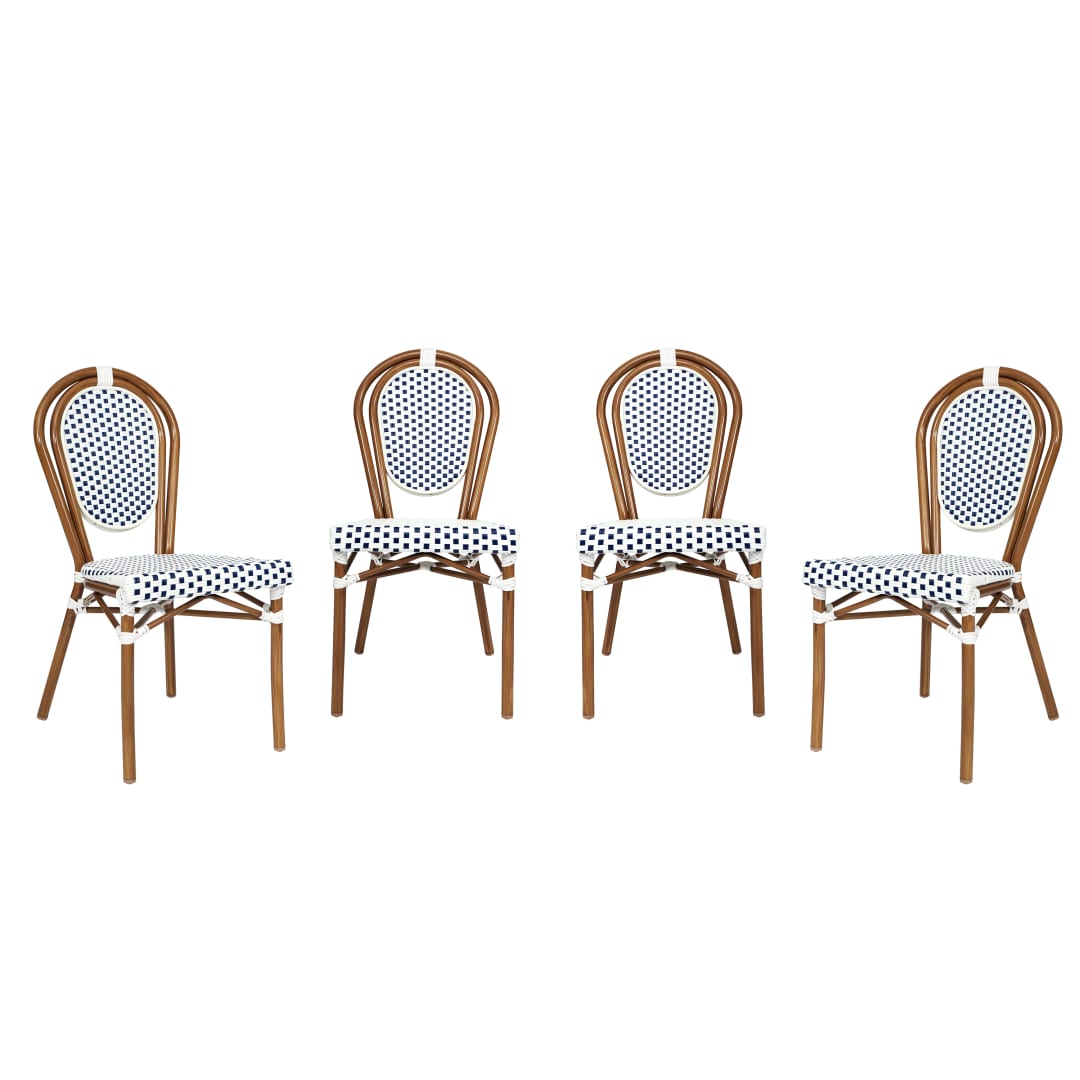 4 Pack Lourdes Indoor/Outdoor Commercial Thonet Bistro Stacking Chair, White and Navy PE Rattan and Bamboo Print Aluminum Frame in Natural