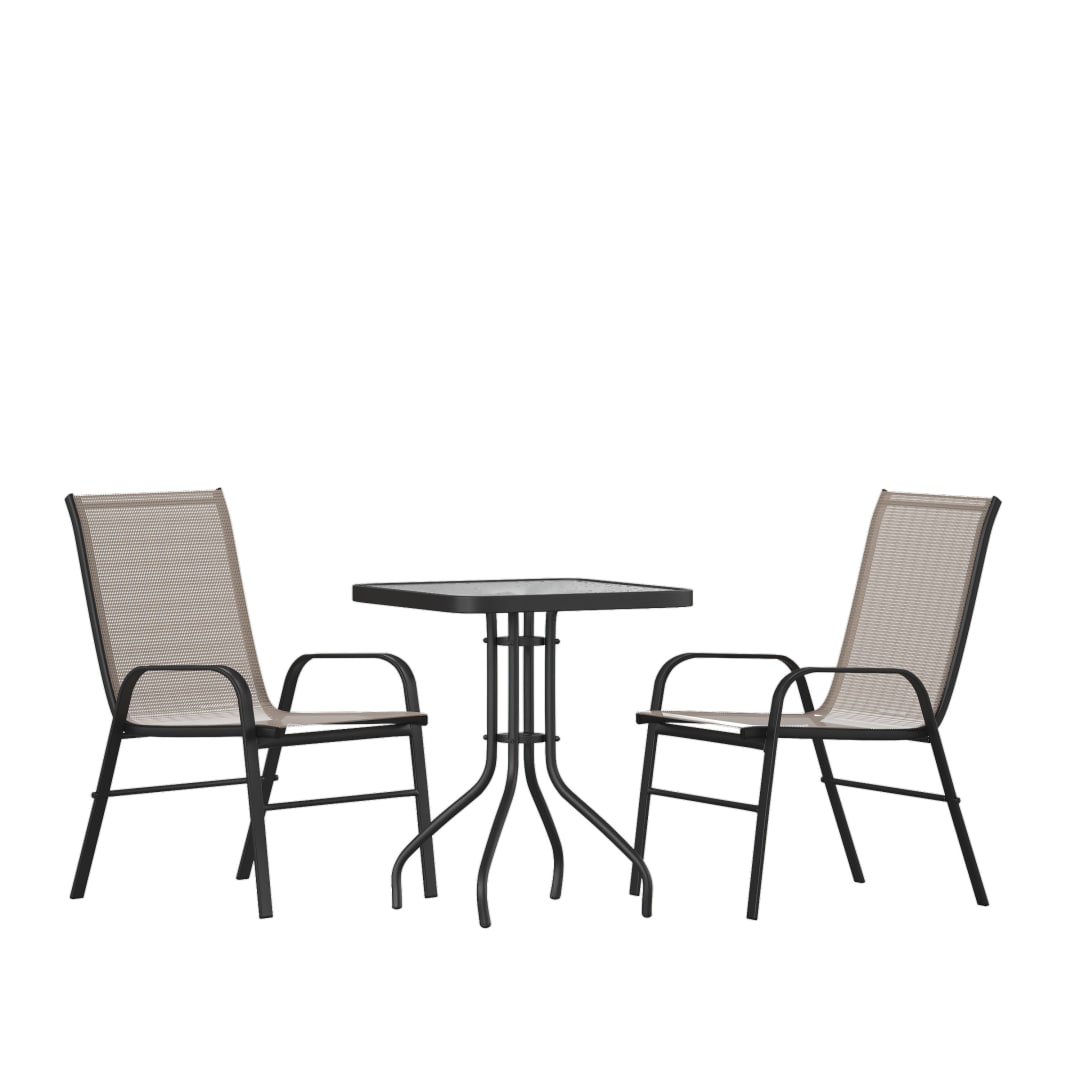 Brazos 3 Piece Outdoor Patio Dining Set - 23.5" Square Tempered Glass Patio Table, 2 Brown Flex Comfort Stack Chairs