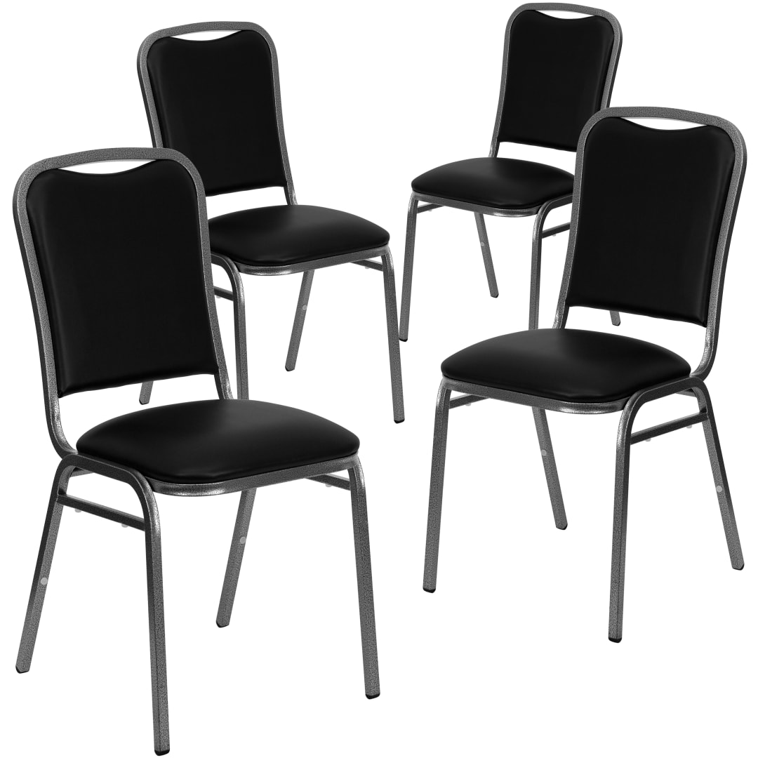 4 Pack HERCULES Series Stacking Banquet Chair in Black Vinyl - Silver Vein Frame