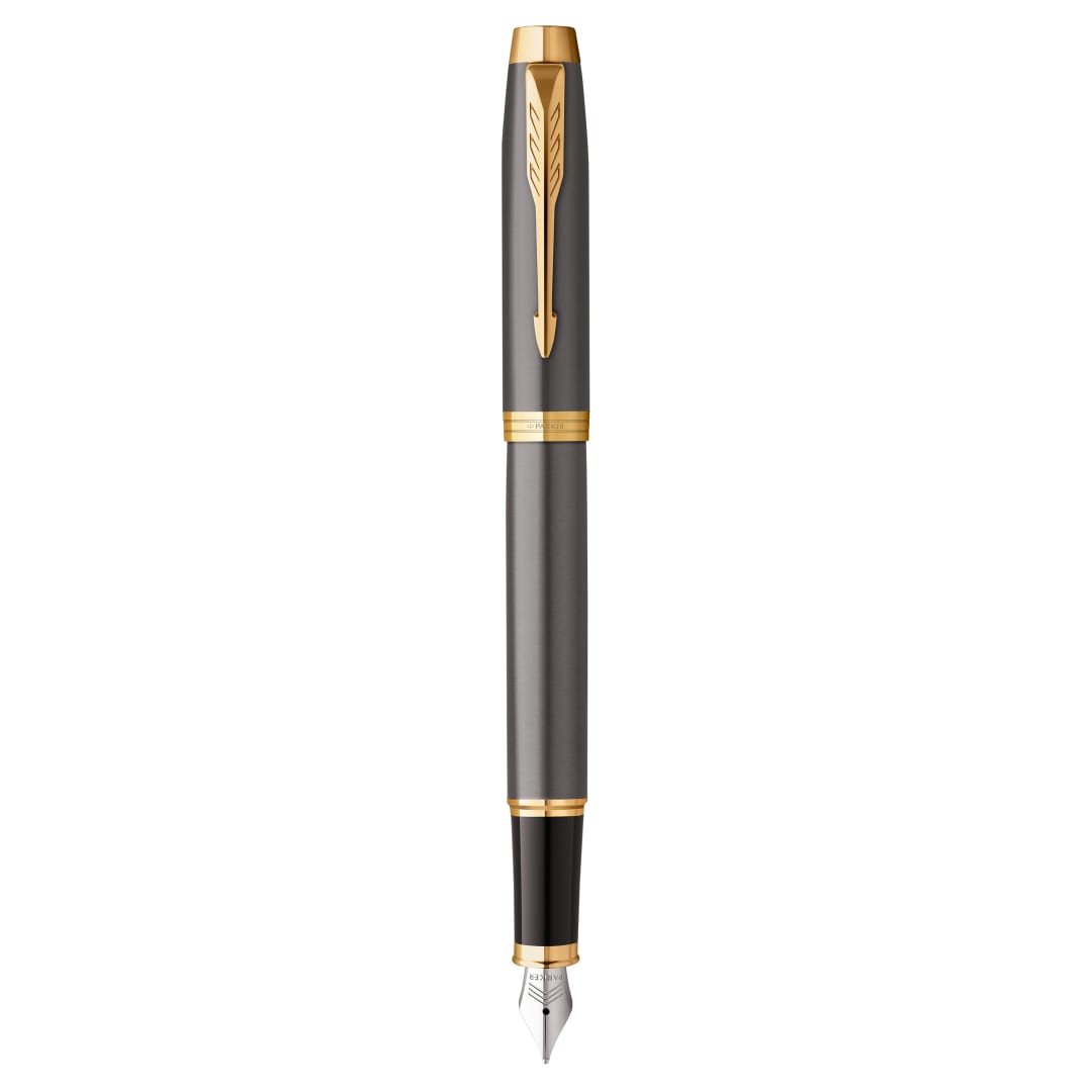 Parker IM Pluma estilográfica | lacado gris y detalles dorados | plumín medio pulido de acero inoxidable | estuche de regalo