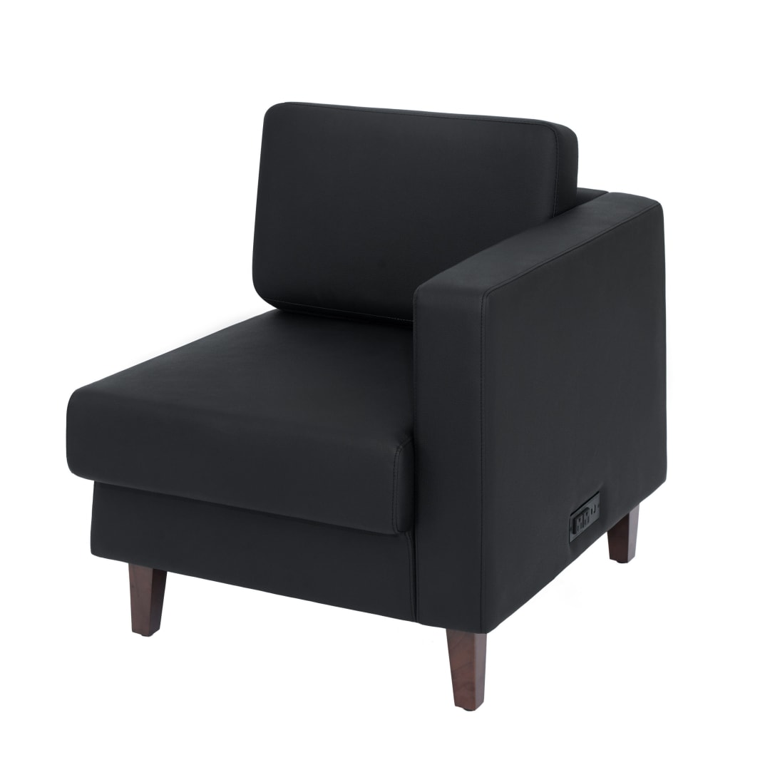 HERCULES Artemis Black LeatherSoft Right Arm Reception Chair, 2 AC Outlets/1 USB/1 USB-C Ports and Wooden Walnut Legs with Adjustable Floor Glides
