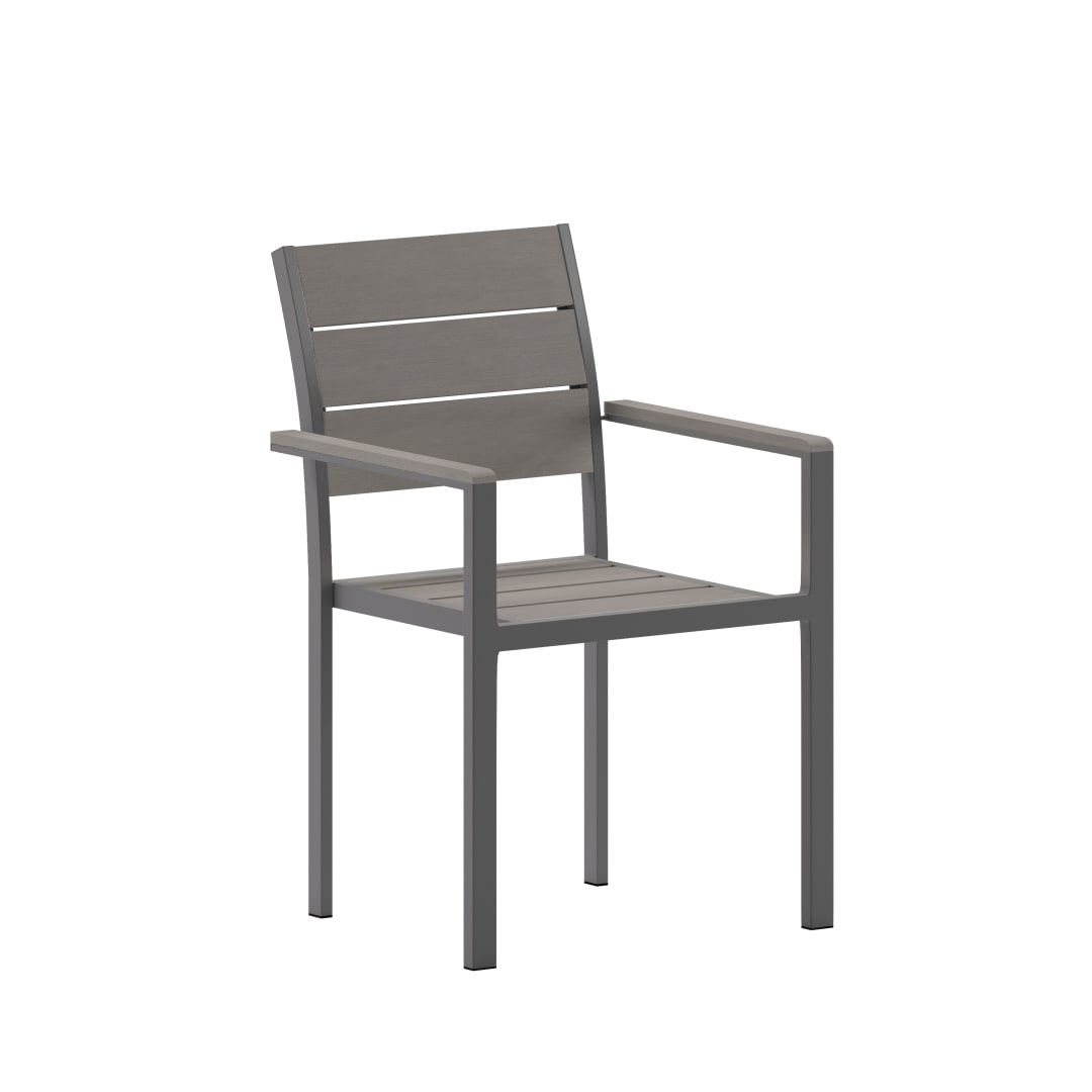 Finch Commercial Grade Patio Chair with Arms, Stackable Side Chair with Faux Teak Poly Slats and Metal Frame, Gray/Gray