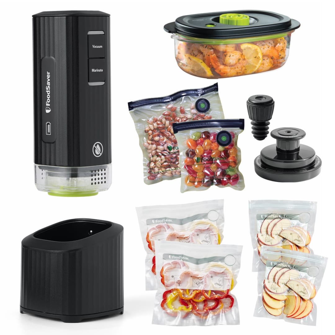 FoodSaver Mini Handheld Vacuum Sealer, Marinate Setting, Cordless Vacuum Sealer with Charging Dock, Black