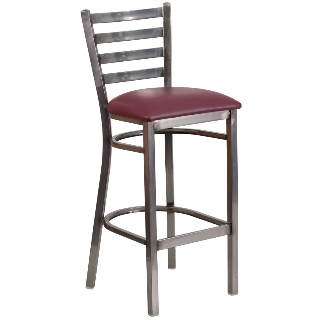HERCULES Series Silver Antique Finish with Clear Coat Ladder Back Metal Restaurant Barstool - Burgundy Vinyl Seat