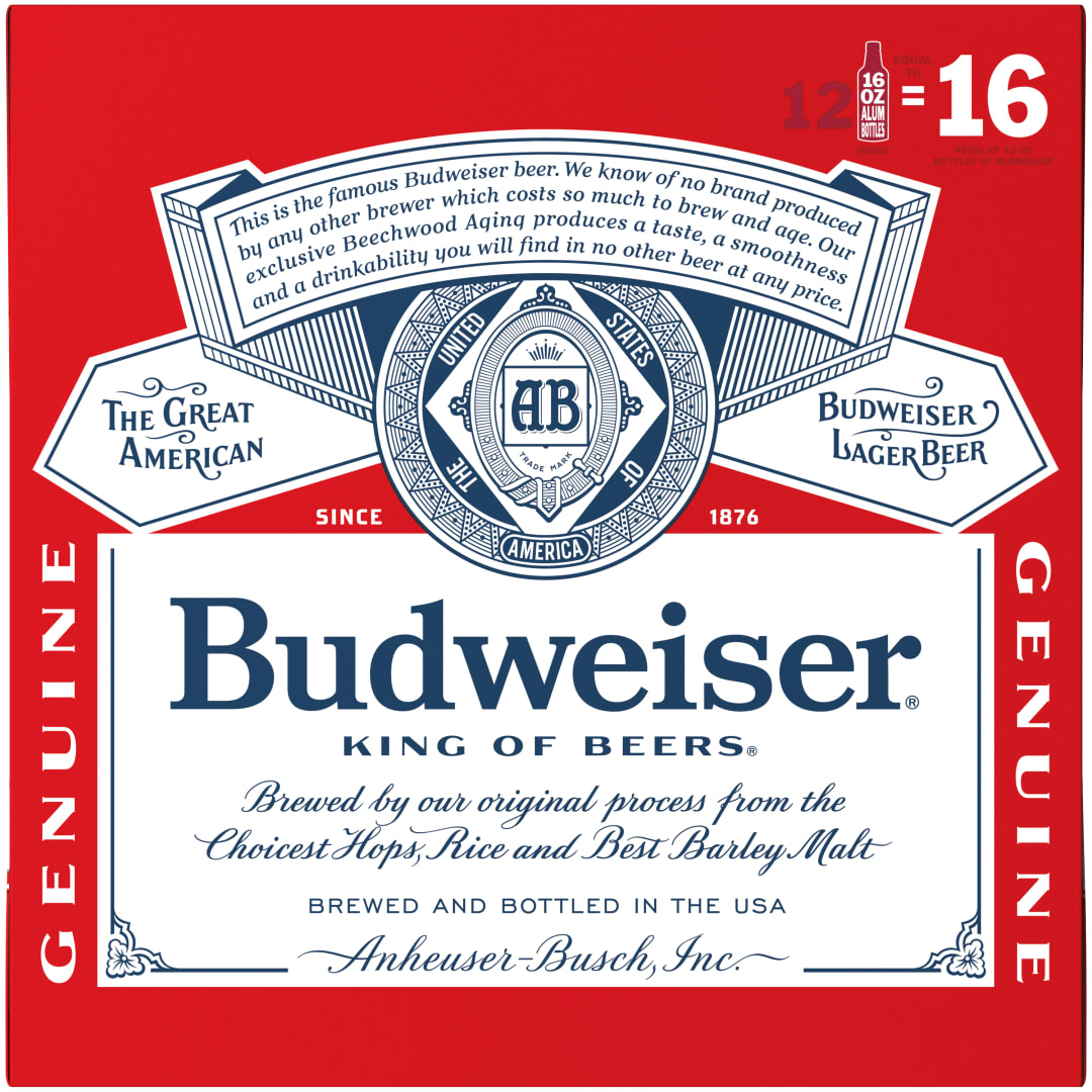 Budweiser American Lager Beer 12 Pack, 16 fl oz Aluminum Bottles
