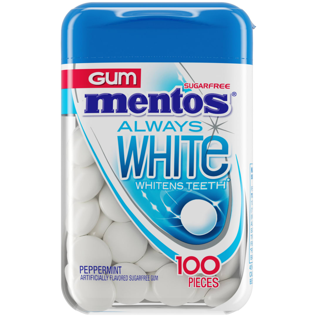Mentos Gum Always White Sugar Free Chewing Gum Peppermint 100 pc Large Bottle