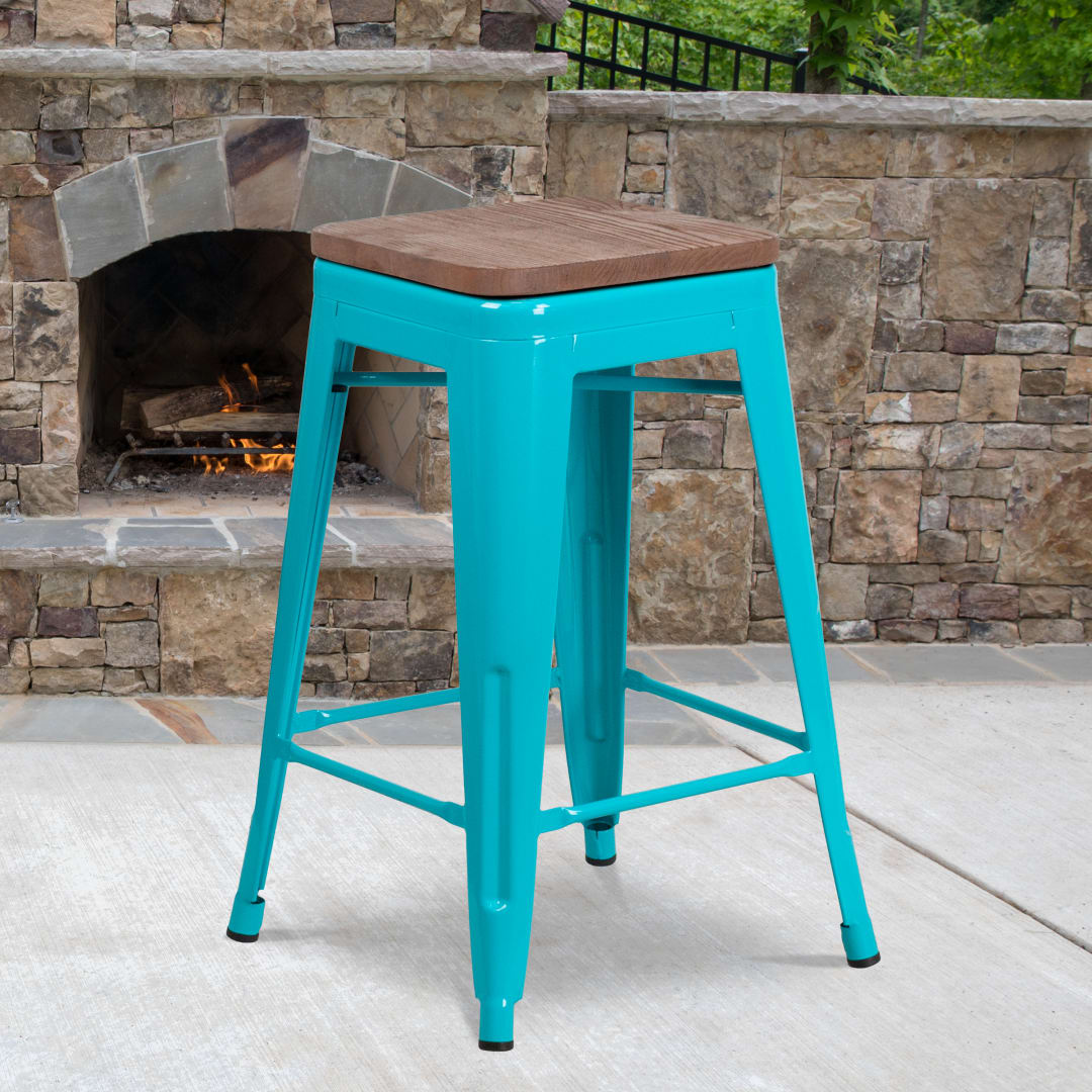 Sinclair 24" High Backless Crystal Teal-Blue Counter Height Stool with Square Wood Seat