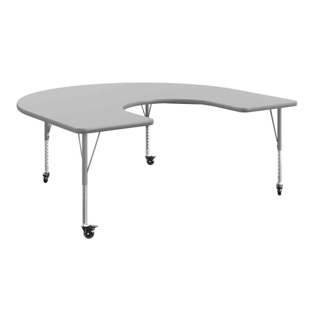 Wren 66'' x 60" Horseshoe Adjustable Height Activity Table, Thermal Laminate Top, Short Legs with Locking Casters, Gray