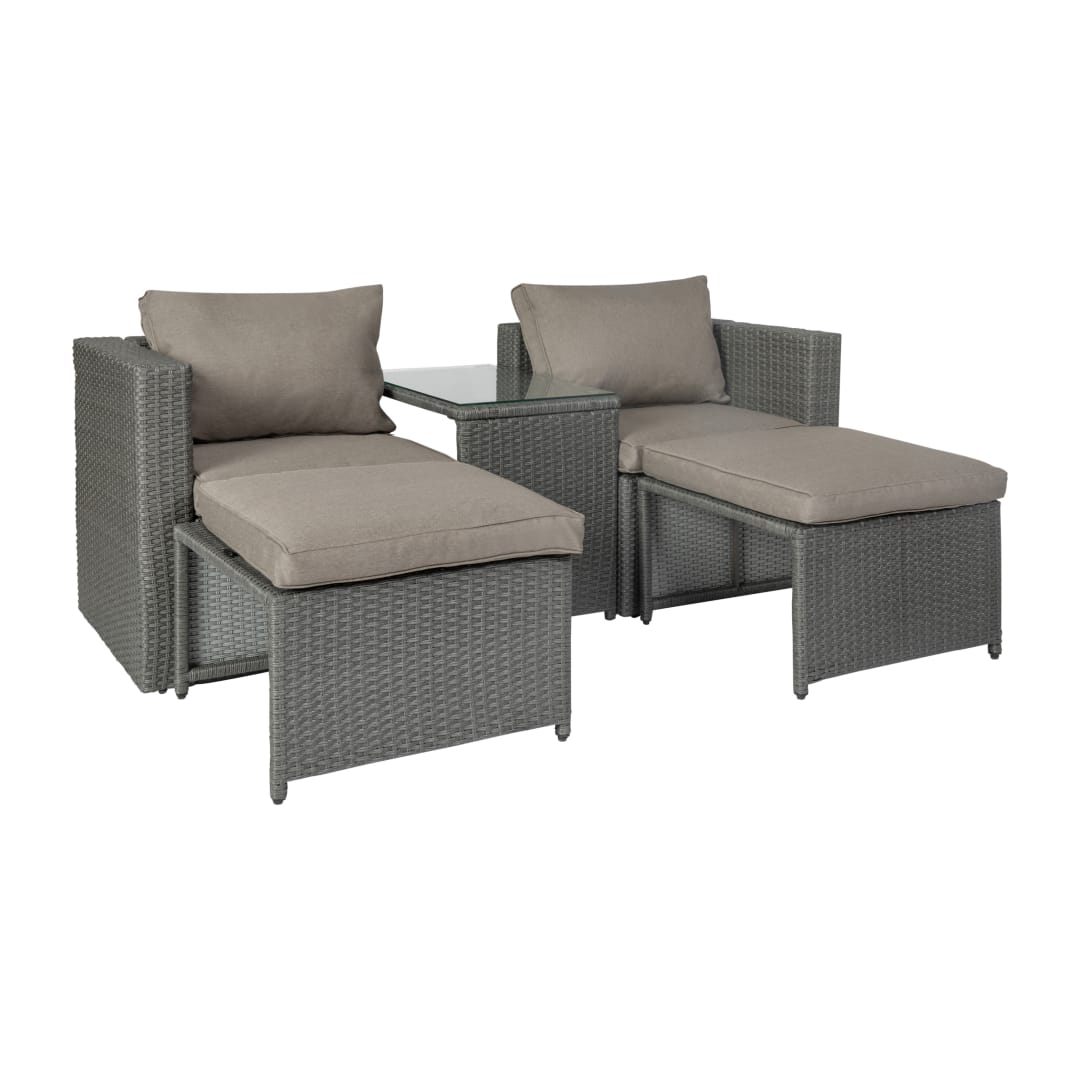 Nico Indoor/Outdoor Modular Loveseat Sofa Set with Table and Ottomans, Gray Cushions and Gray Rattan