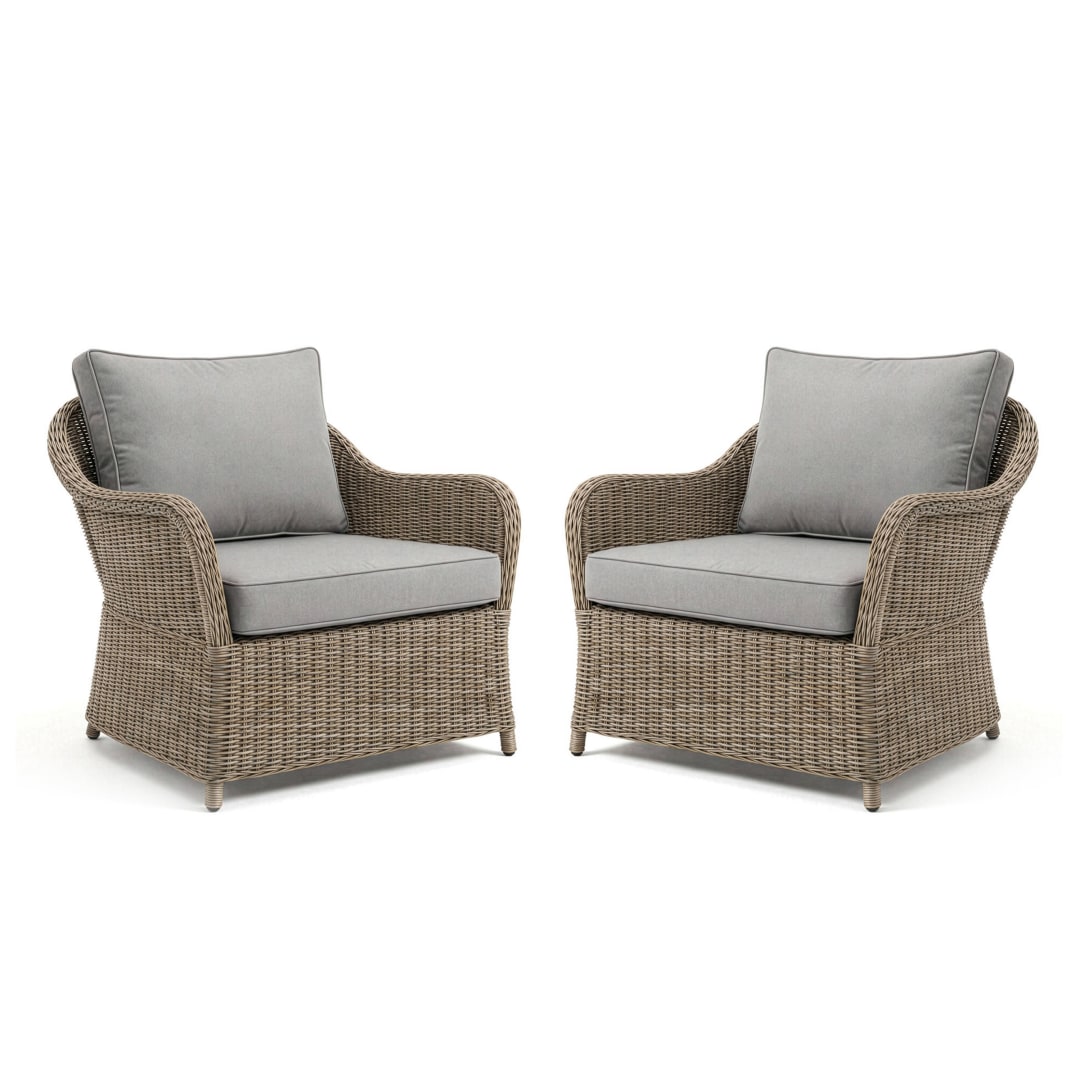 Lily Pond Set of 2 Indoor-Outdoor Patio Club Chairs in Weathered Gray Rattan Wicker with Gray All-Weather Cushions