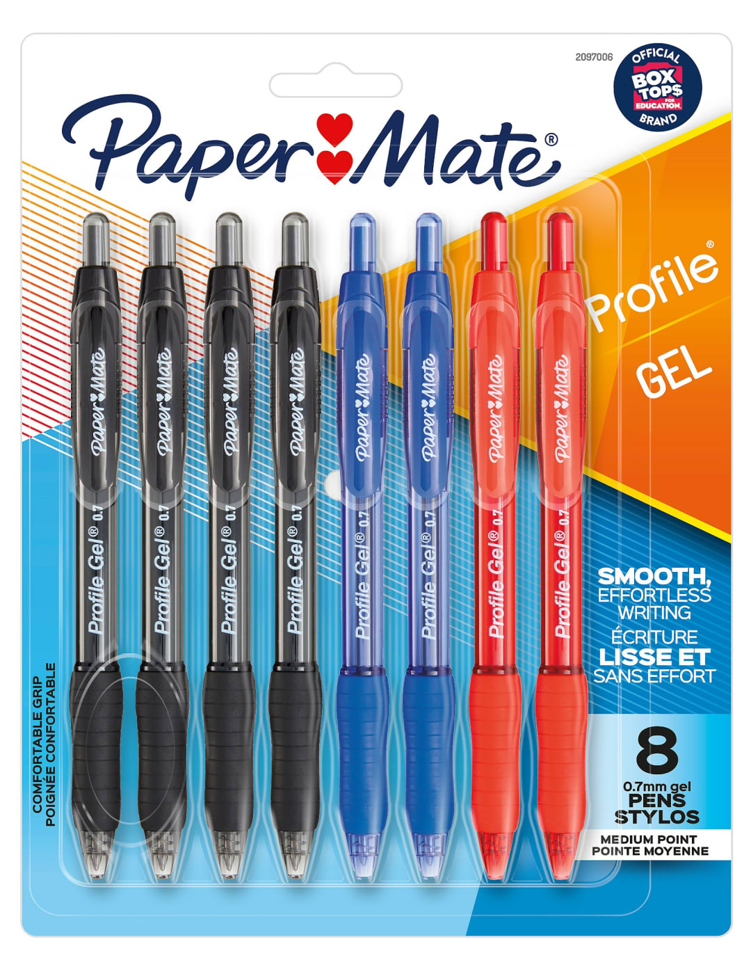 Stylos gel rétractables Profile de Paper Mate, pointe moyenne (0,7 mm), assortis, 8 unités