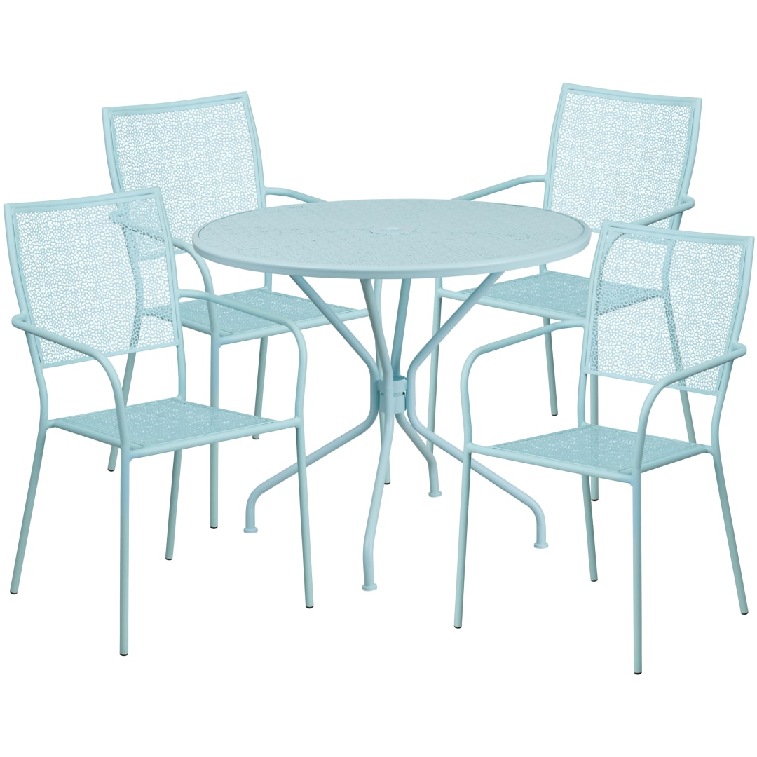 Oia Commercial Grade 35.25" Round Sky Blue Indoor-Outdoor Steel Patio Table Set with 4 Square Back Chairs