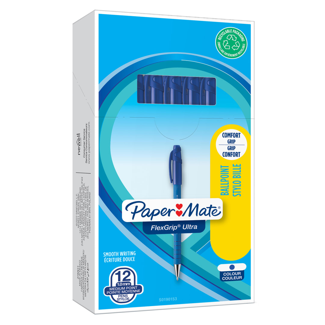 Paper Mate Flexgrip Ultra bolígrafo con capuchón | punta mediana (1,0 mm) | azul | Material escolar | caja de 12