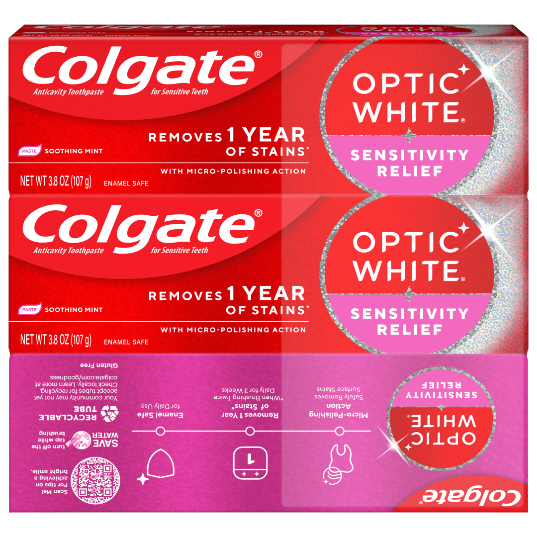 Colgate Optic White Sensitivity Relief Teeth Whitening Toothpaste, Anticavity Toothpaste with Fluoride, Soothing Mint Flavor, 3 Pack, 3.8 OZ
