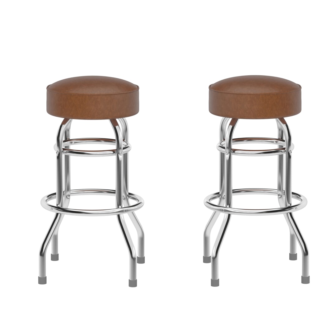 Bruno 2 Pack Double Ring Chrome Barstool with Weathered Brown Seat