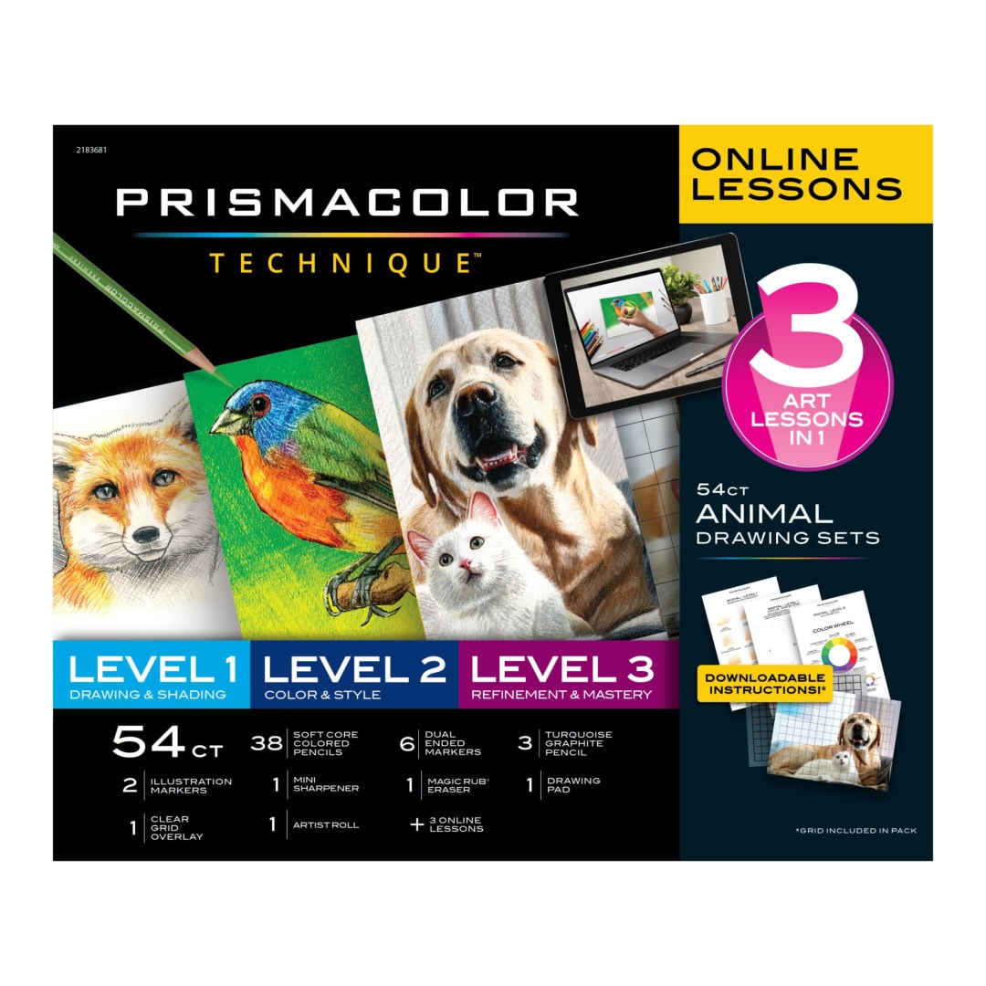 Prismacolor® Technique, Art Supplies and Digital Art Lessons, Animal Drawing Set Bundle, Levels 1-3, 54 Count