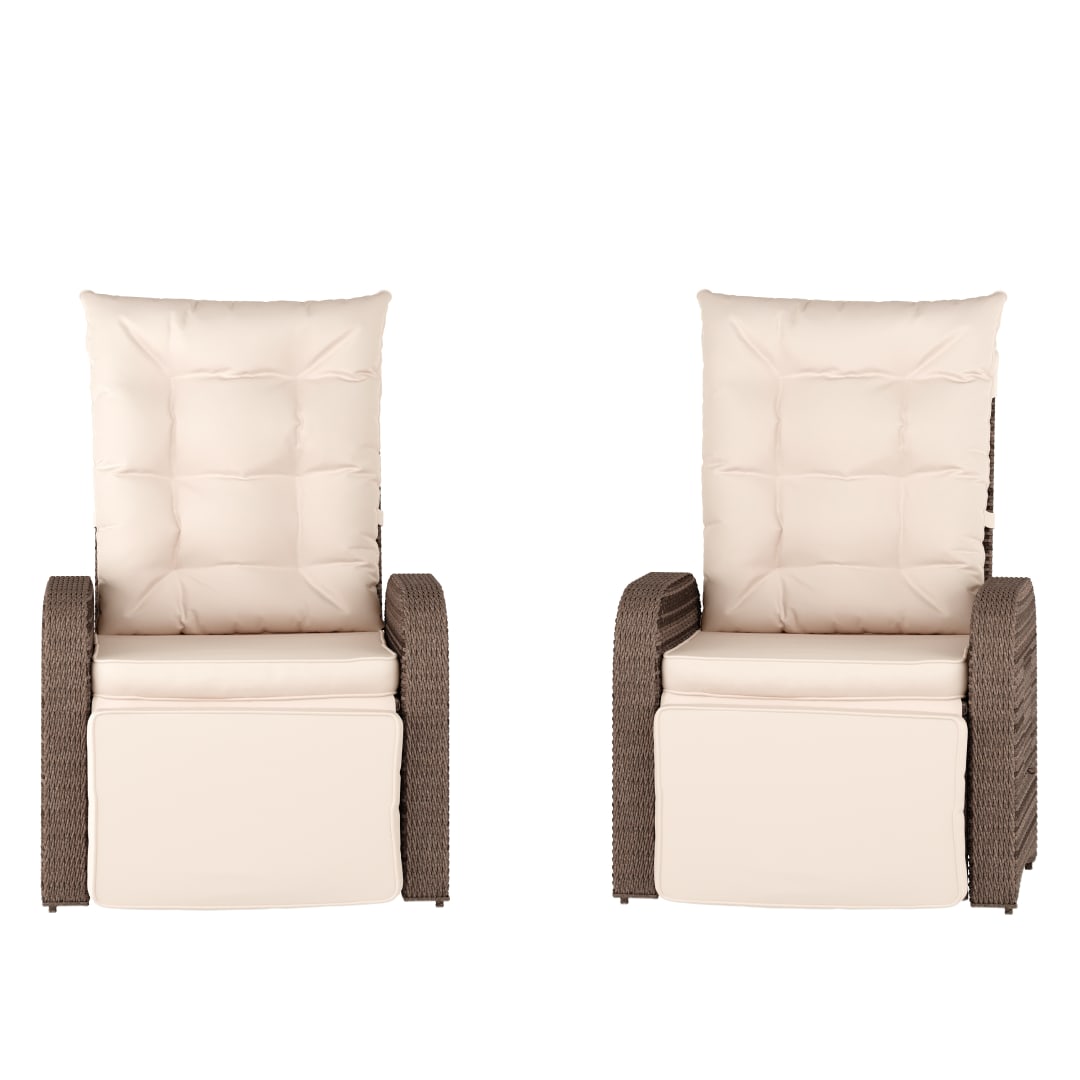 Nemo Set of 2 Indoor/Outdoor Patio Wicker Rattan Recliner Lounge Chairs with Flip up Side Tables, Beige and Brown