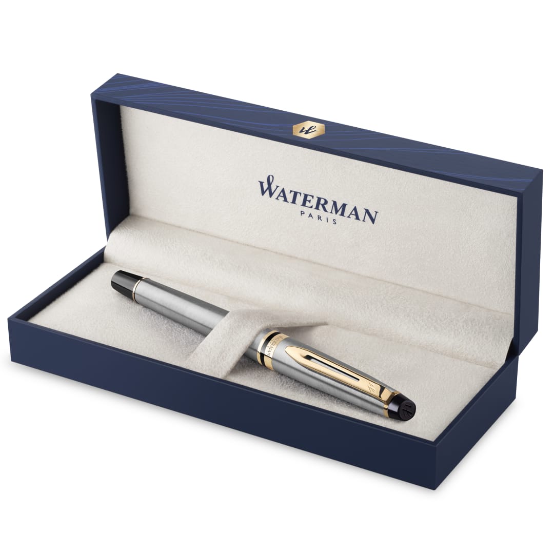 Waterman Expert pluma estilográficaacero inoxidable con adorno de oro de 23 quilatesplumín mediano con cartucho de tinta azulestuche de regalo