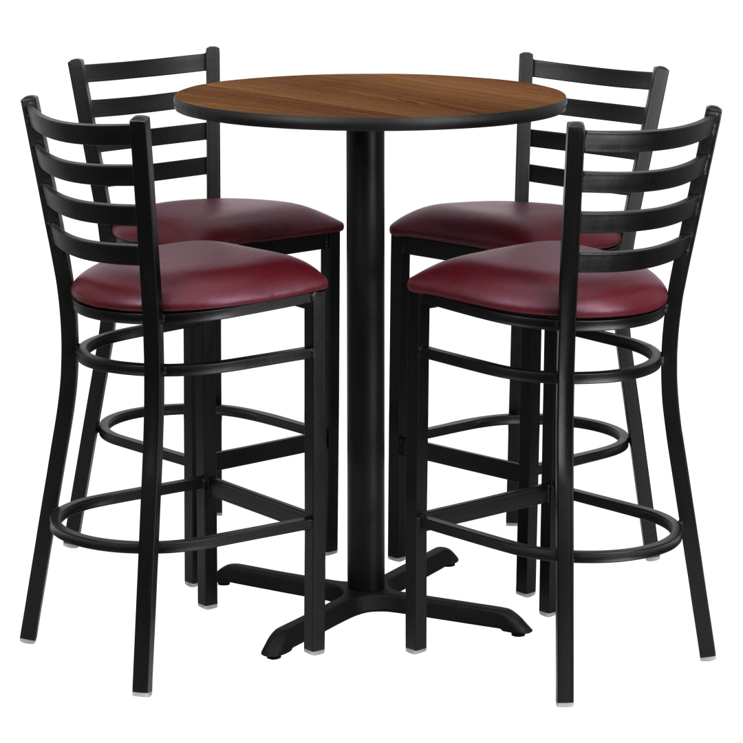 Carlton 30'' Round Walnut Laminate Table Set with X-Base and 4 Ladder Back Metal Barstools - Burgundy Vinyl Seat