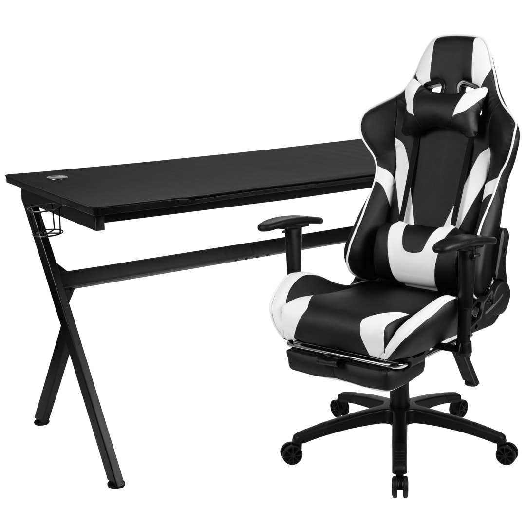 Optis Gaming Desk and Black Footrest Reclining Gaming Chair Set - Cup Holder/Headphone Hook/Removable Mouse Pad Top/Wire Management