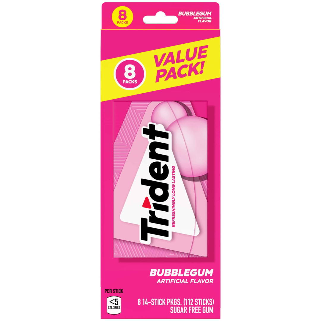 Trident Sugar Free Chewing Gum Bubblegum 14 pc MUP 8pk