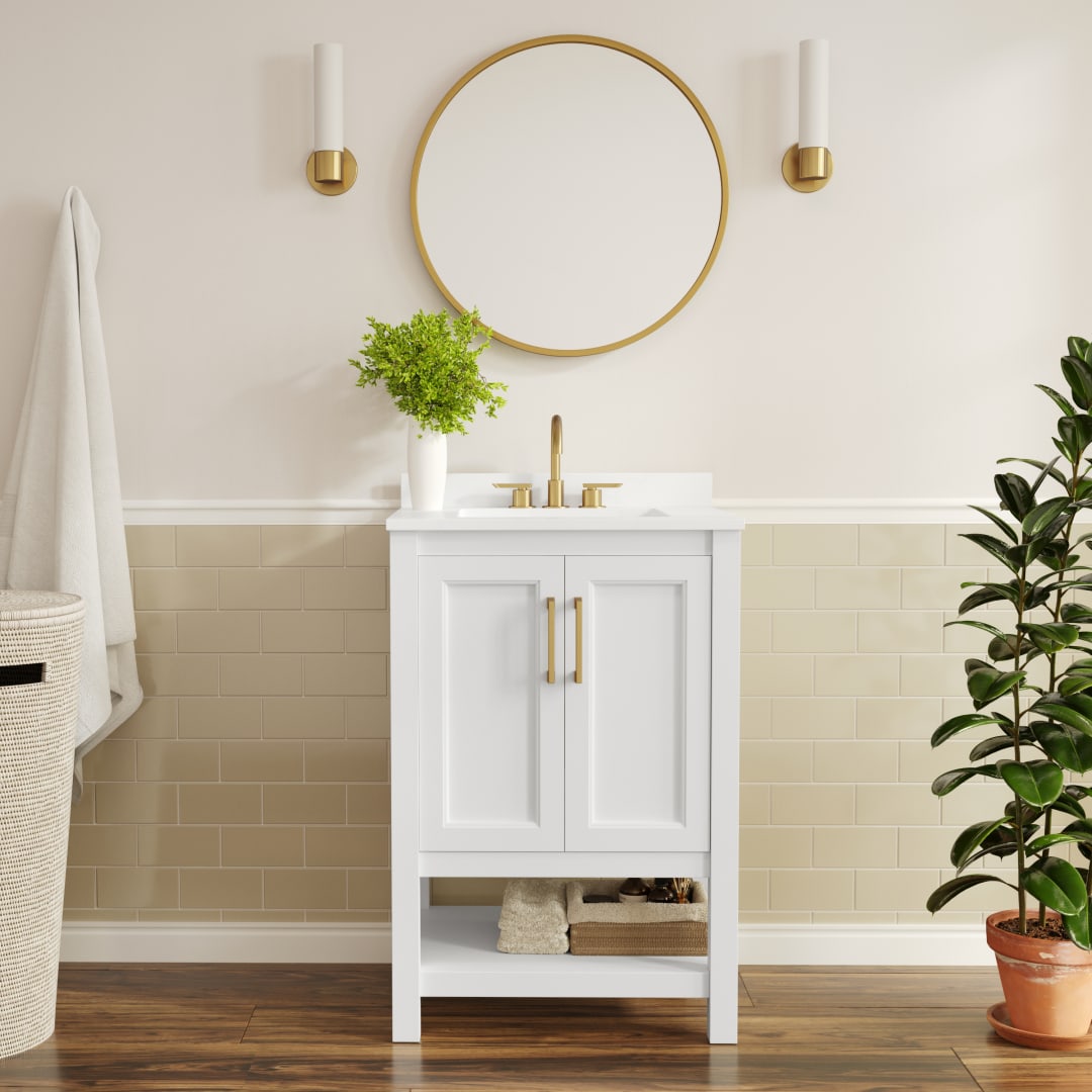Vega 24" Bathroom Vanity with Sink, Storage Cabinet with Soft Close Doors &amp; Open Shelf, Carrara Marble Finish Counter &amp; Gold Hardware, White/White