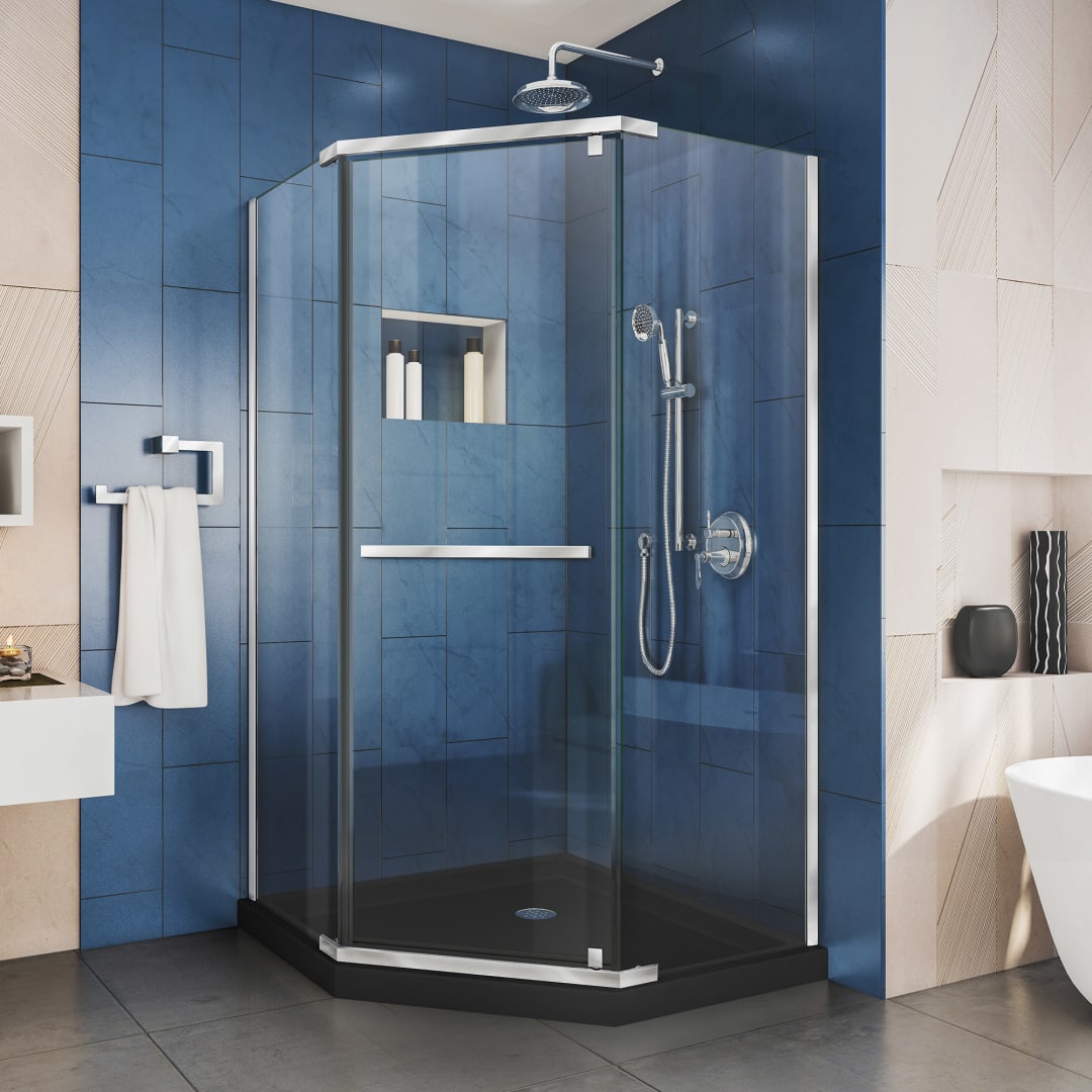 DreamLine Prism 42 inch D x 42 inch W x 74 3/4 inch H Frameless Neo-Angle Pivot Shower Enclosure in Chrome with Black Shower Base Kit