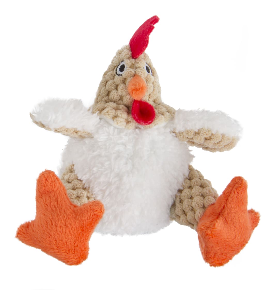goDog Checkers Just For Me Sitting Rooster Squeaky Plush Dog Toy With Chew Guard Technology, White, Mini
