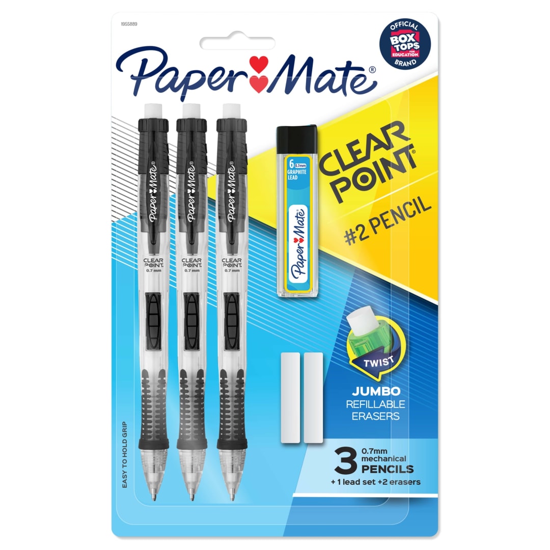 Paper Mate® Clearpoint® Mechanical Pencils, HB #2 Lead (0.7mm), 3 Pencils, 1 Lead Refill Set, 2 Erasers