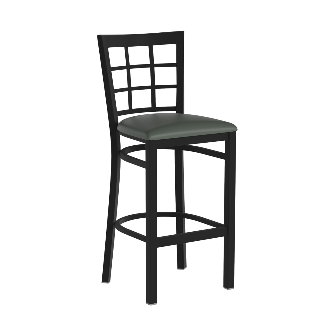 HERCULES Black Window Back Metal Restaurant Barstool - Green Vinyl Seat
