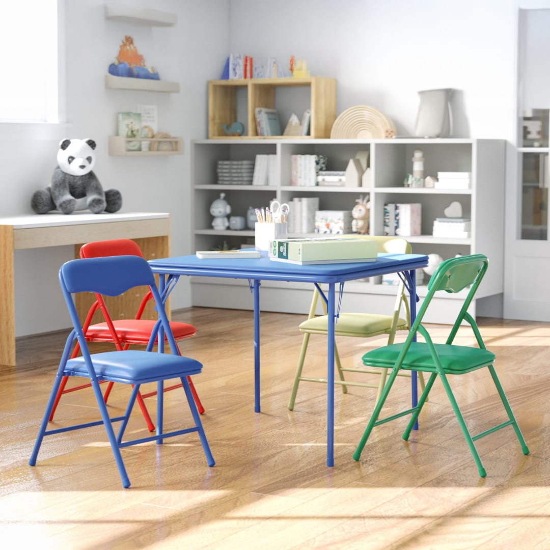 Mindy 5-Piece Folding Table and Chairs Set – Portable Activity Table for Daycare, Classrooms &amp; Playrooms, Multicolor