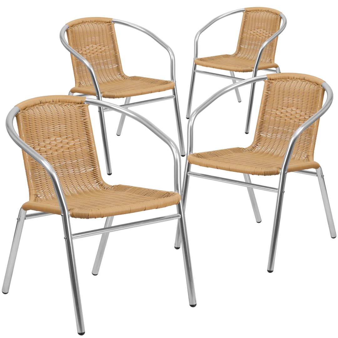 Lila 4 Pack Commercial Aluminum and Beige Rattan Indoor-Outdoor Restaurant Stack Chair