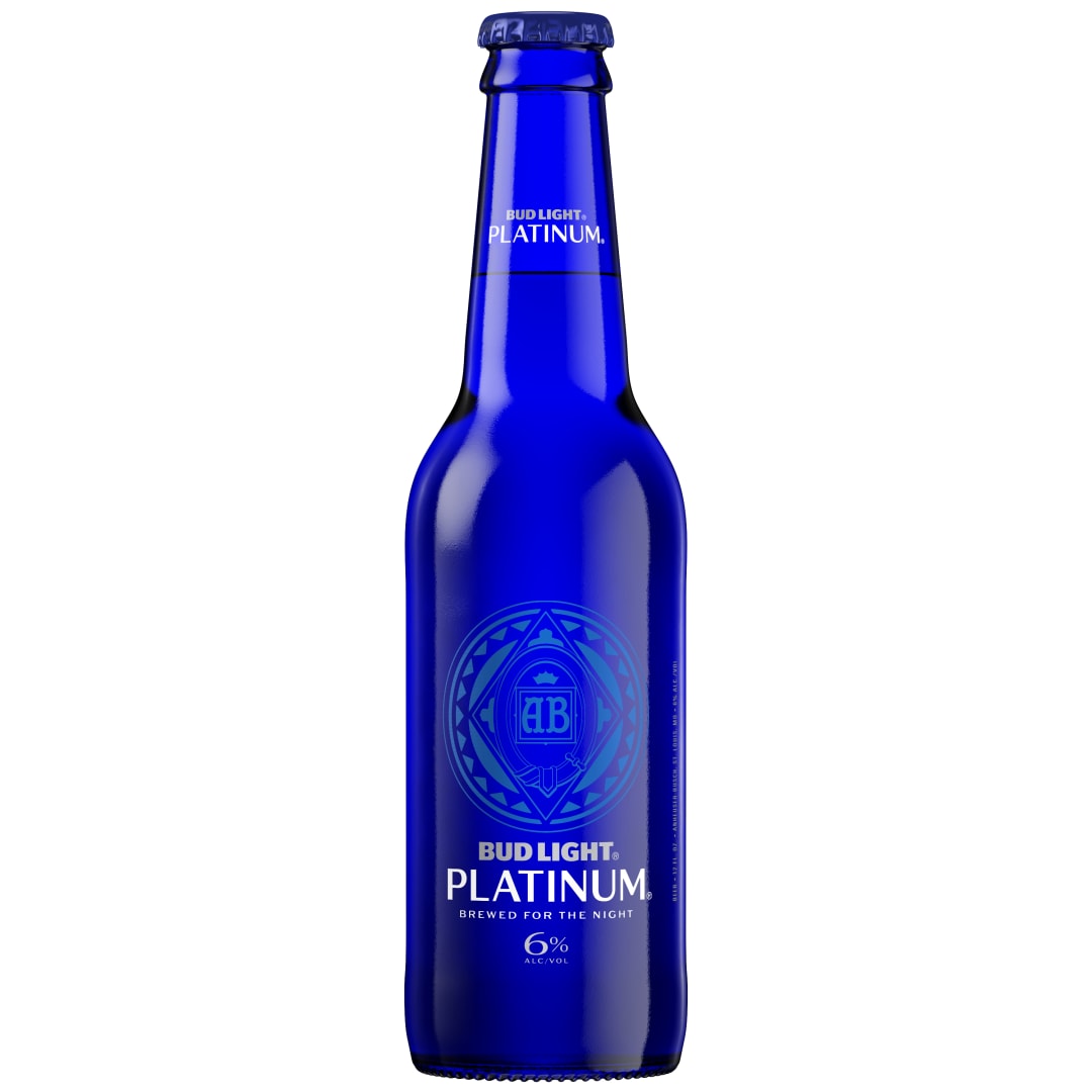 Bud Light Platinum 12 oz Glass Bottle Back LABEL NAC 6ABV APL Rewind 7 - 2mil SACMI