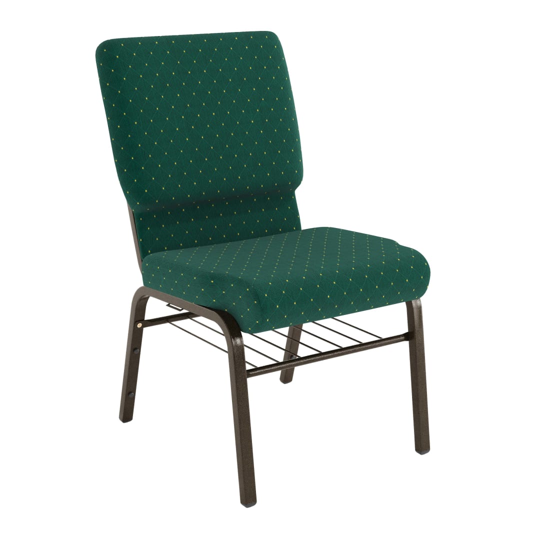 HERCULES Series 18.5''W Church Chair in Green Patterned Fabric with Book Rack - Gold Vein Frame