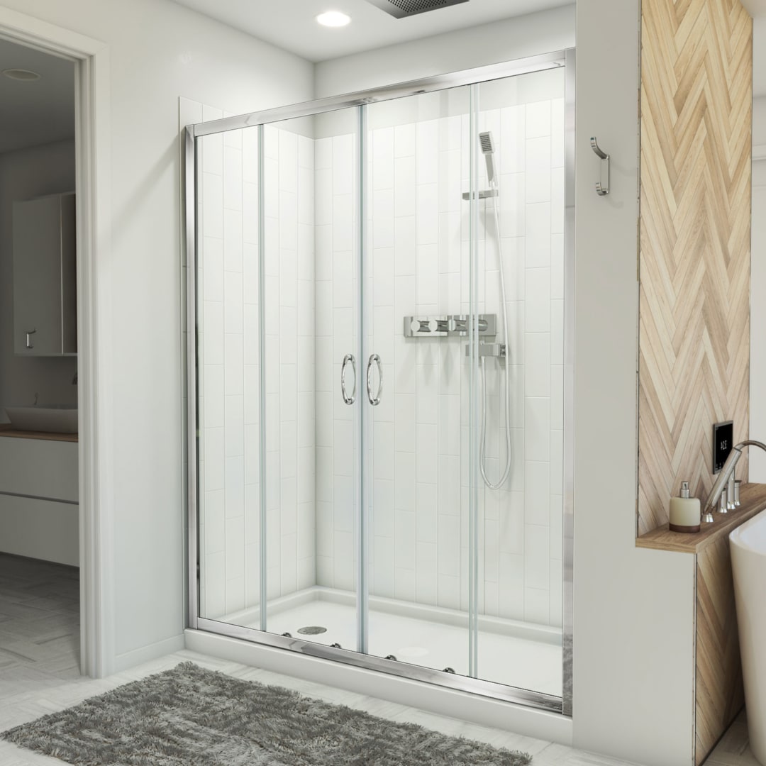 DreamLine Visions 32 inch D x 60 inch W x 78 3/4 inch H Semi-Frameless Sliding Shower Door in Chrome, Left Drain Shower Base, and Wall Kit in White