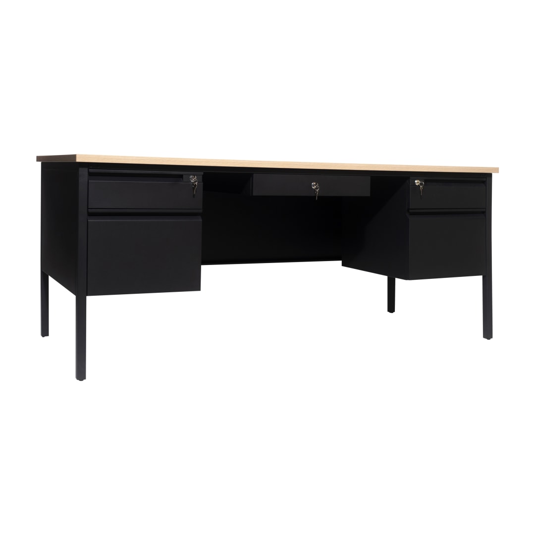 Cambridge Commercial Grade 30x70 Double Pedestal Desk with 5 Locking Drawers, White Oak Top and Black Frame
